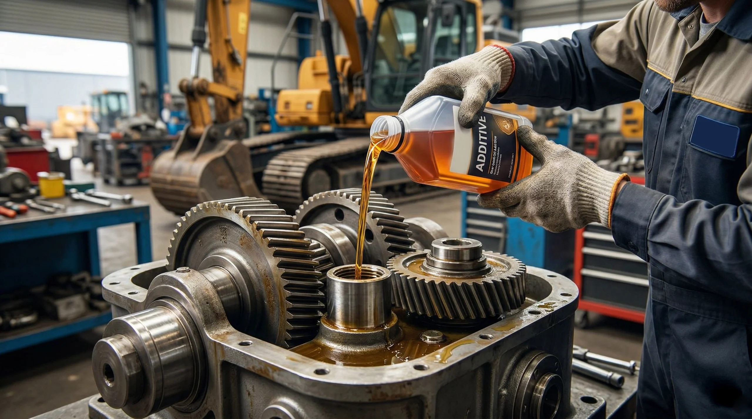 Industrial technician pouring gear oil additive into a heavy-duty gearbox in a manufacturing plant.