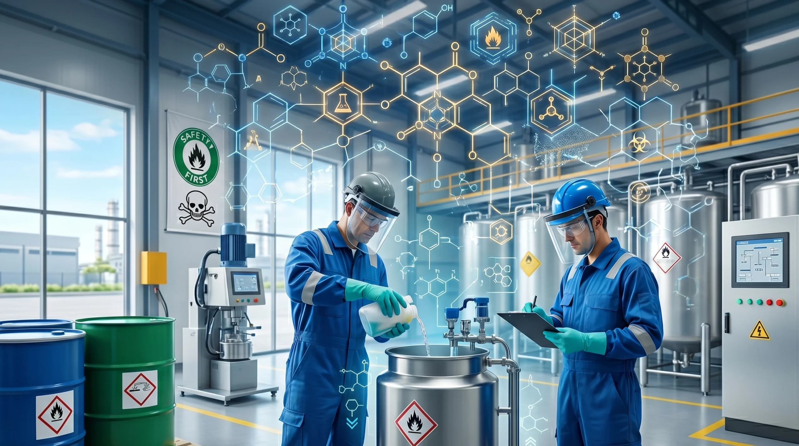 Automated chemical blending system ensuring additives safety in a factory.