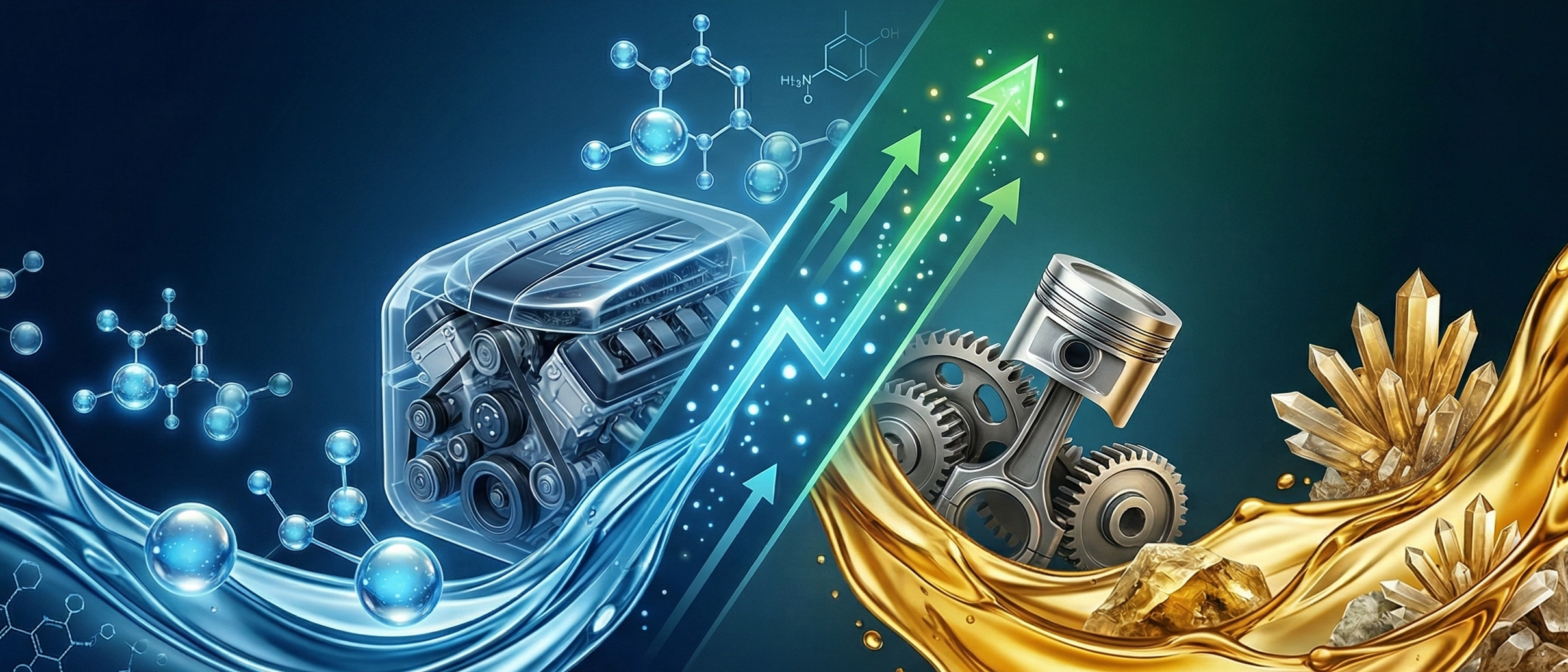 side-by-side comparison of synthetic lubricant vs mineral oil pouring into an engine.