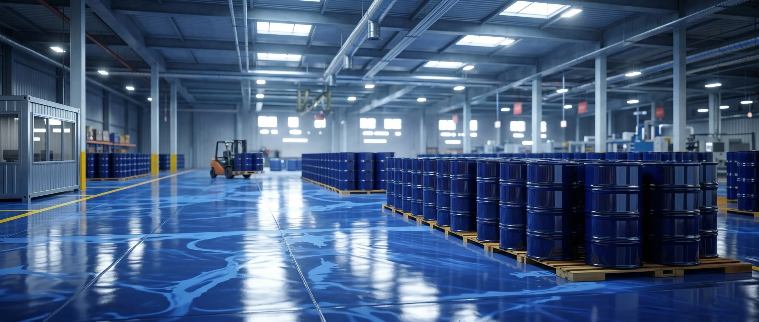 Rows of premium blue lubricant drums stored on wooden pallets in a clean, temperature-controlled industrial warehouse in Dubai, UAE.